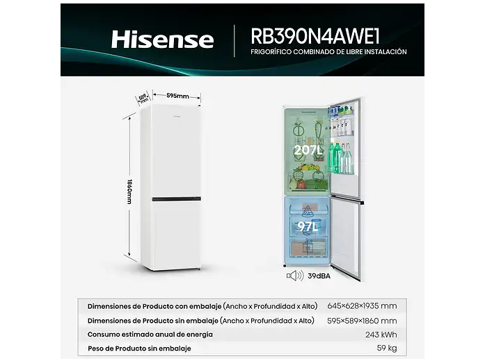 Frigorífico combi - Hisense RB390N4AWE1, Puerta reversible, Congelamiento rápido, No Frost, 186 cm, 304 l, Blanco