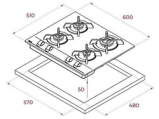 Placa de gas - Teka GBC 6400, 4 zonas, Gas natural, Mandos frontales ergonómicos, 60 cm, Negro
