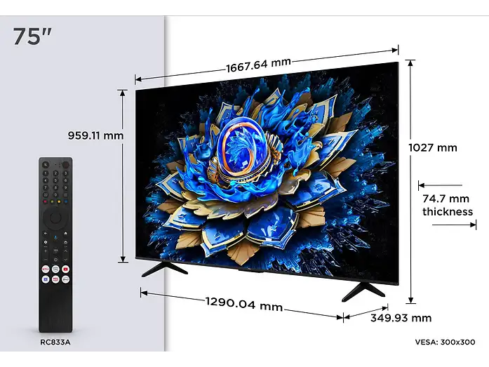 TV QLED 75 - TCL 75T69C, UHD 4K, Procesador AiPQ, Smart TV, DVB-T2, Negro