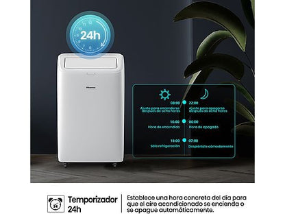 Aire acondicionado portátil - Hisense APC09QC, 2236 fgh, 3 velocidades, Deshumidificador, Super Cool, Mando a distancia, Kit Ventana, Wi-Fi, Blanco