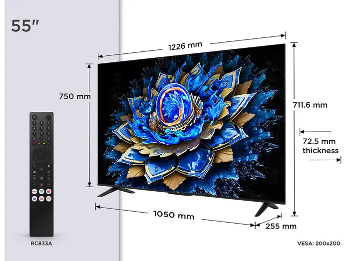 TV QLED 55 - TCL 55T69C, UHD 4K, Procesador AiPQ, Smart TV, DVB-T2, Negro