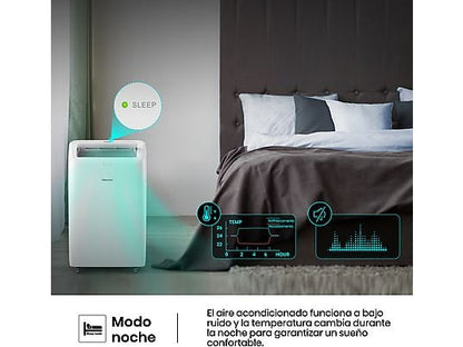 Aire acondicionado portátil - Hisense APC09QC, 2236 fgh, 3 velocidades, Deshumidificador, Super Cool, Mando a distancia, Kit Ventana, Wi-Fi, Blanco