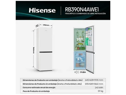 Frigorífico combi - Hisense RB390N4AWE1, Puerta reversible, Congelamiento rápido, No Frost, 186 cm, 304 l, Blanco