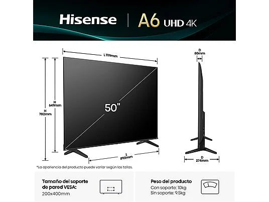 TV LED 50" - Hisense 50A6Q, UHD 4K, Quad Core/MT9603, IA 4K Upscaler, Modo Juego Plus, Control por voz, Negro