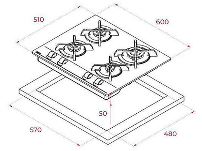 Placa de gas - Teka GBC 6400, 4 zonas, Gas natural, Mandos frontales ergonómicos, 60 cm, Negro