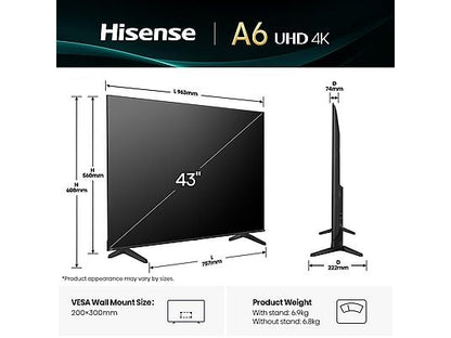 TV LED 43" - HISENSE 43A6Q, UHD 4K, Quad Core/MT9603, Smart TV, DVB-T2 (H.265), Negro