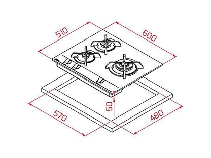 Placa de gas - Teka GBC 63010, 3 zonas, Gas natural, Mandos frontales ergonómicos, 60 cm, Negro