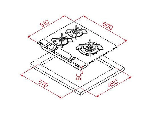 Placa de gas - Teka GBC 63010, 3 zonas, Gas natural, Mandos frontales ergonómicos, 60 cm, Negro