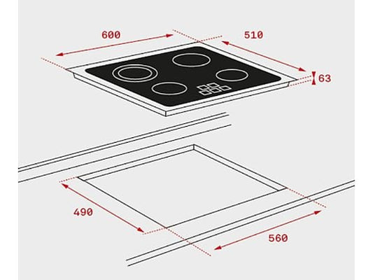 Placa vitrocerámica - Teka TB 6315, 3 zonas, Zona grande 27 cm, Touch Control, 60 cm, Negro