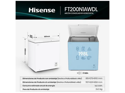Congelador horizontal - Hisense FT200N1AWDL, 198 l, 85.8 cm, Congelador Convertible, Goma Antibacteria, Blanco