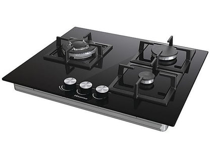 Placa de gas - Hisense GG633B, 3 zonas, 58 cm, Gas Natural, Encendido fácil, Fogón Wok, Cristal Negro