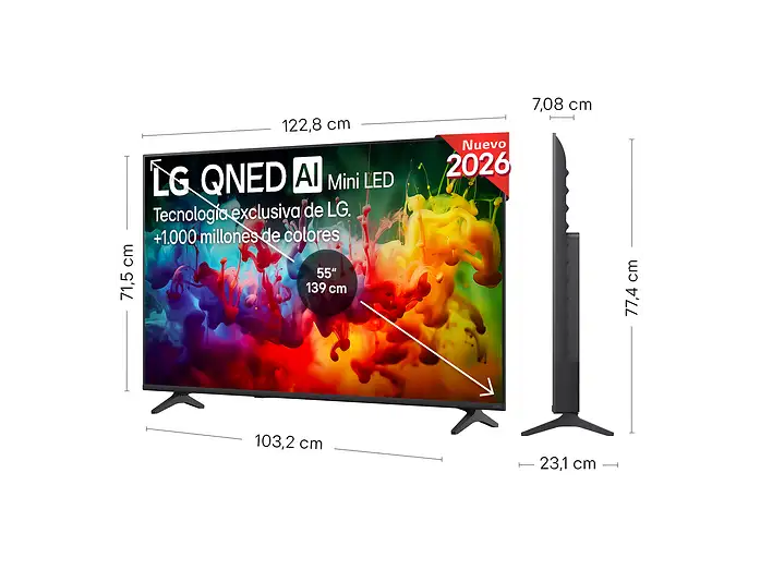 TV QNED Mini LED 55 - LG 55QNED72B6B.AEU, UHD 4K, Procesador Inteligente α7 AI Processor 4K Gen9, Smart TV, DVB-T2 (H.265), Negro