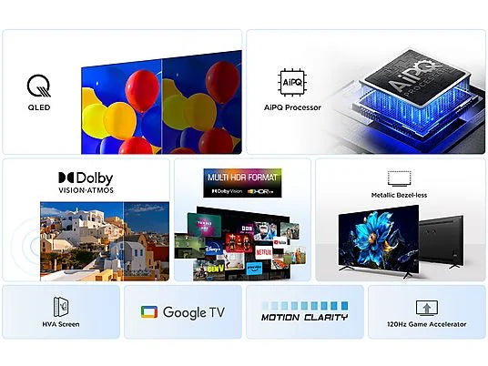 TV QLED 65" - TCL 65P7K, UHD 4K, AiPQ Processor, Smart TV, DVB-T2, 60 Hz, Pantalla HVA, Dolby Atmos, Negro