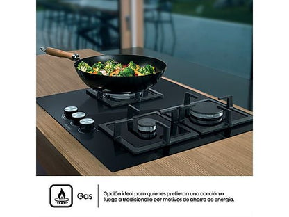 Placa de gas - Hisense GG633B, 3 zonas, 58 cm, Gas Natural, Encendido fácil, Fogón Wok, Cristal Negro