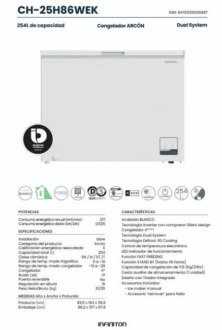 Congelador Horizontal Infiniton CH-25H86WEK, 254 l, 83 cm, E, Blanco