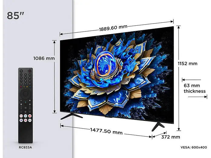 TV QLED 85 - TCL 85T69C, UHD 4K, Procesador AiPQ, Smart TV, DVB-T2, Negro