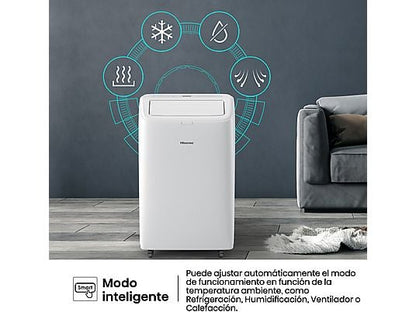 Aire acondicionado portátil - Hisense APC09QC, 2236 fgh, 3 velocidades, Deshumidificador, Super Cool, Mando a distancia, Kit Ventana, Wi-Fi, Blanco