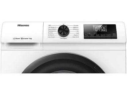 Lavadora carga frontal - Hisense WF1Q8041BW, 8 kg, 1400 Rpm, Función Vapor, Eficiencia A-20%, Blanco