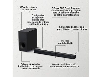 Barra de sonido - Sony HT-S400, Bluetooth, Subwoofer inalámbrico, 330 W, S-Force PRO Surround, Negro