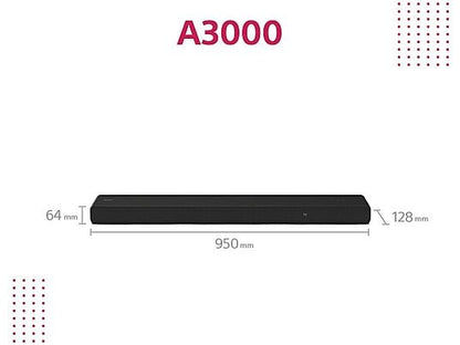 Barra de sonido - Sony HT-A3000, 3.1 Canales, Dolby Atmos, Bluetooth, Wifi, Subwoofer integrado, 250 W, Alexa, Google Home, Negro