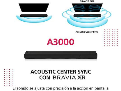 Barra de sonido - Sony HT-A3000, 3.1 Canales, Dolby Atmos, Bluetooth, Wifi, Subwoofer integrado, 250 W, Alexa, Google Home, Negro